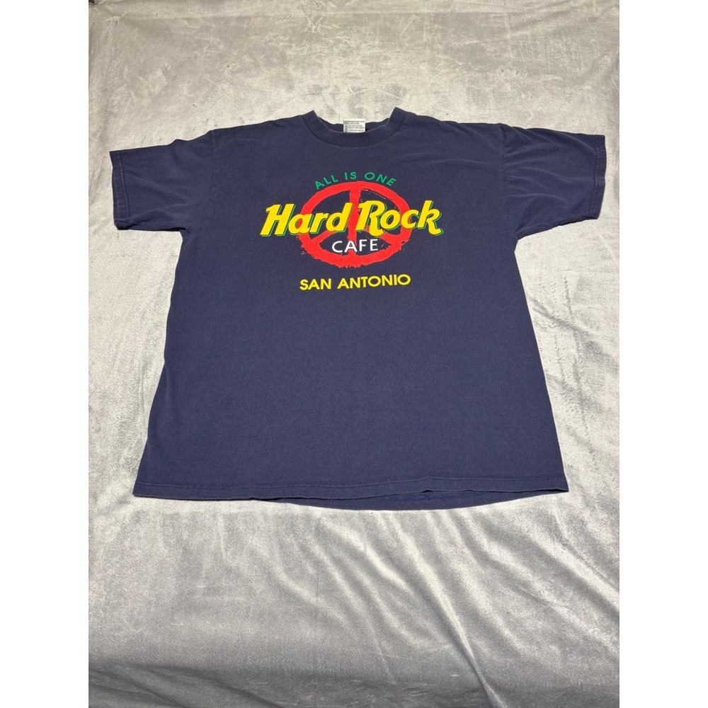 Hard Rock Cafe Men L Blue Short Sleeve Made in USA San Antonio Faded Shirt Wear